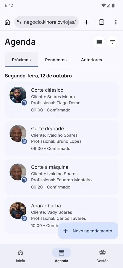 A agenda de uma barbearia em negocio.kihora.cv, no browser do telemóvel.