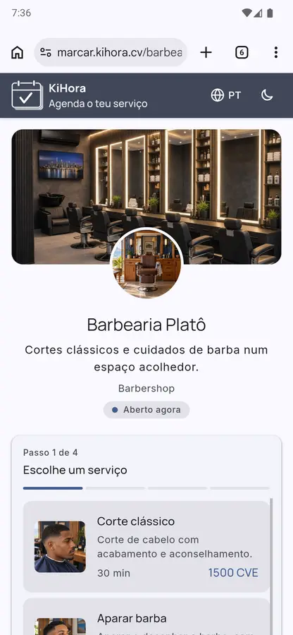 A página de marcações da Barbearia Platô em marcar.kihora.cv, no telemóvel.