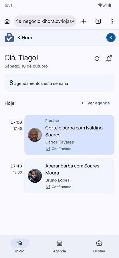 O início de negocio.kihora.cv no telemóvel, com as marcações de hoje.